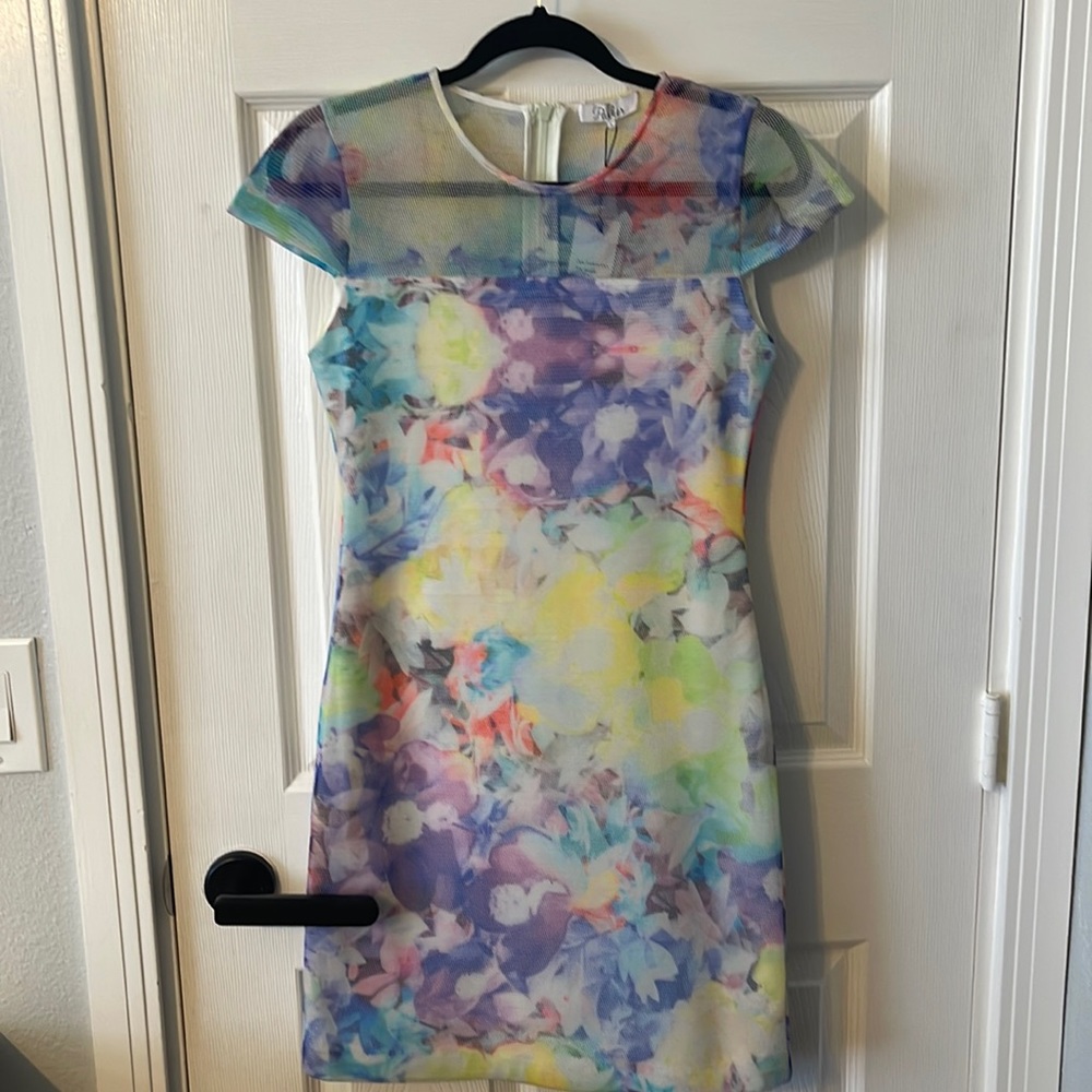 New Parker August Mesh Bodycon Floral Multicolored Pastel Dress Size: Large